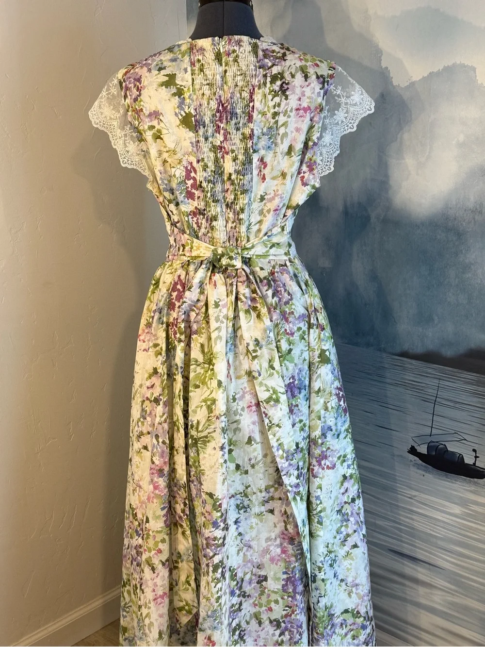 Floral Lace V-Neck Maxi Dress in White and Pastel Floral #260